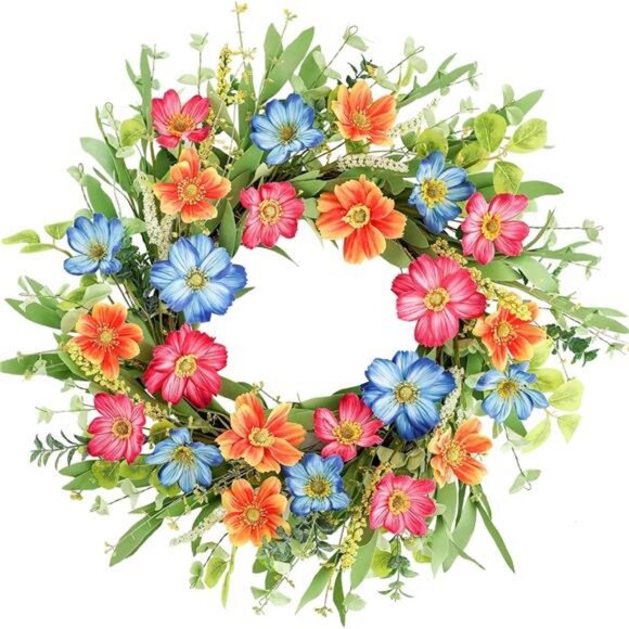 Summer Front Door Cosmos Flower Wreath, 20 Inch Spring Wreath Farmhouse Decor - Picture 1 of 7